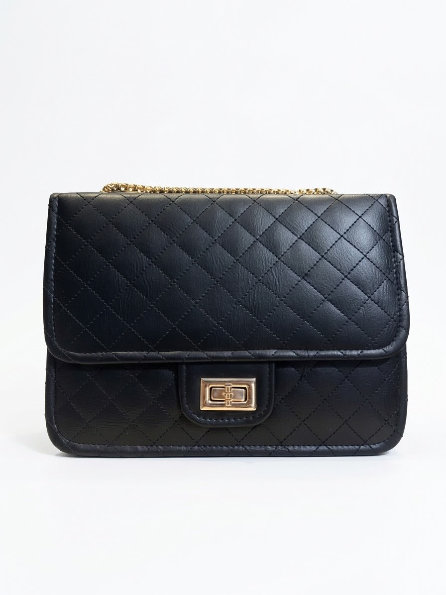 Black quilted chain shoulder bag detail