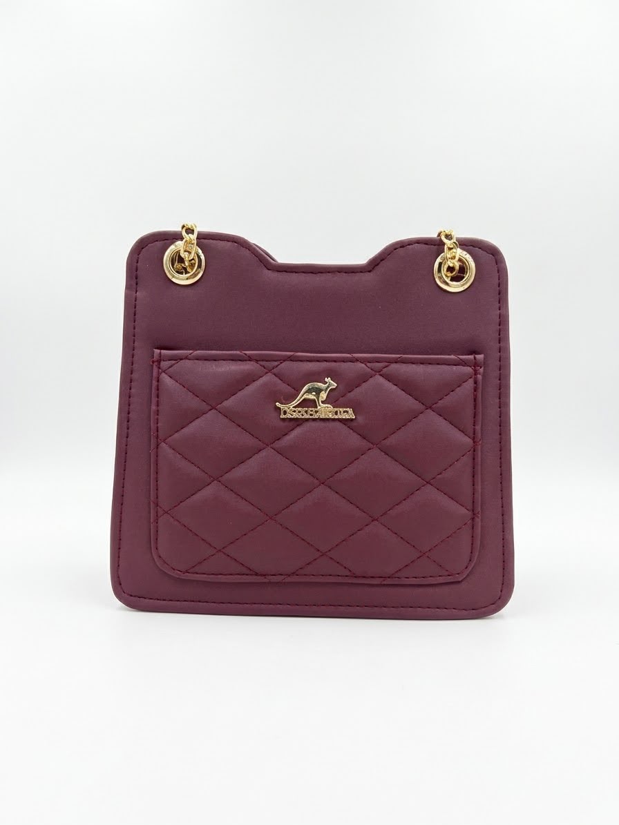 Burgundy quilted shoulder bag with gold-tone chain hardware