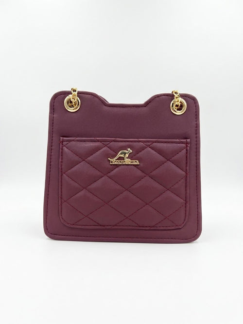 Burgundy quilted shoulder bag with gold-tone chain hardware
